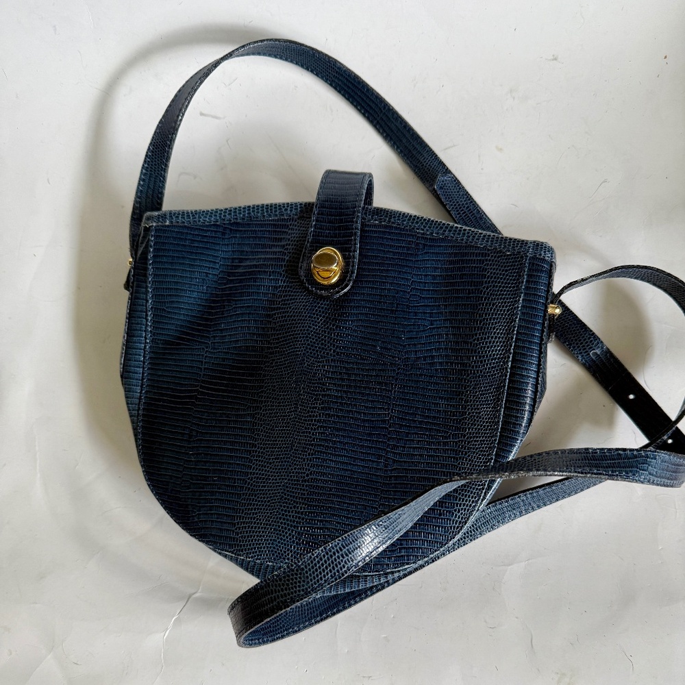 Zenith navy reptile print leather crescent shaped crossbody